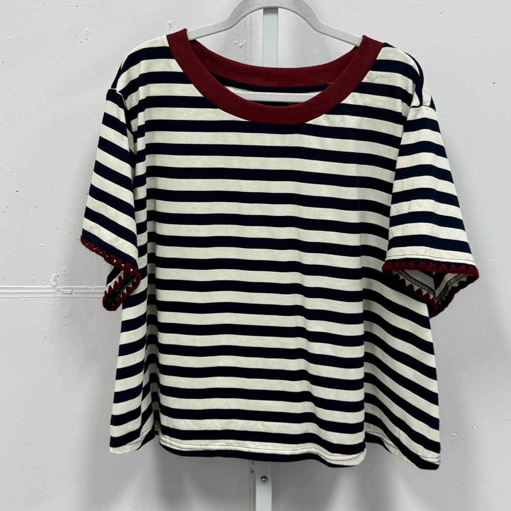 Cider Women's 4XL‎ Nautical Striped T-Shirt Navy White Burgundy Crochet Trim Top